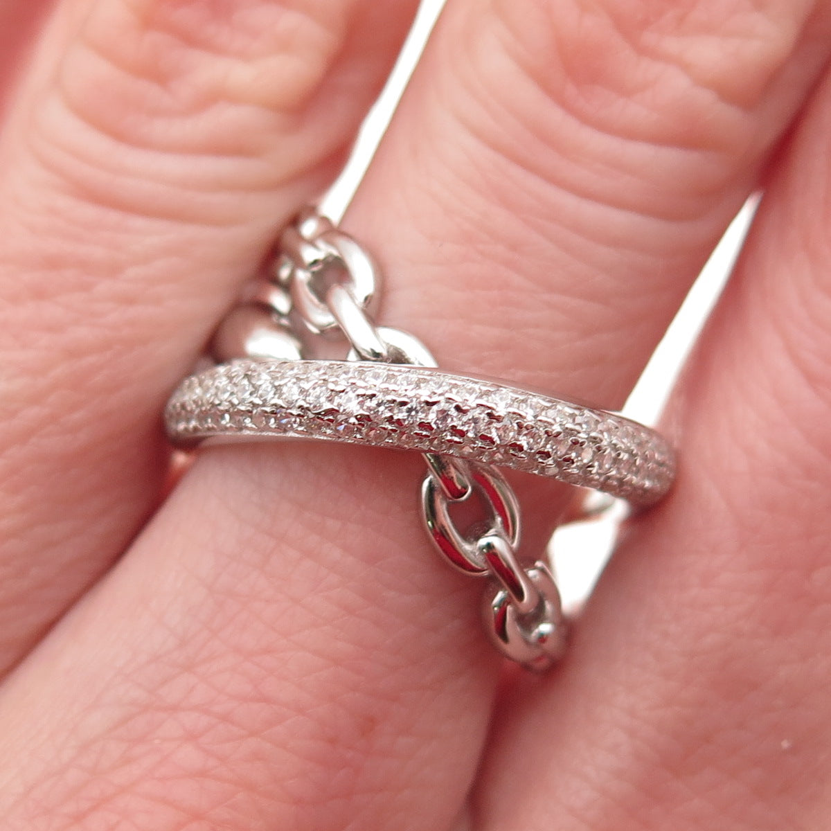 925 Sterling Silver Round-Cut C Z Multi-Chain Crisscross Ring Size 8.25