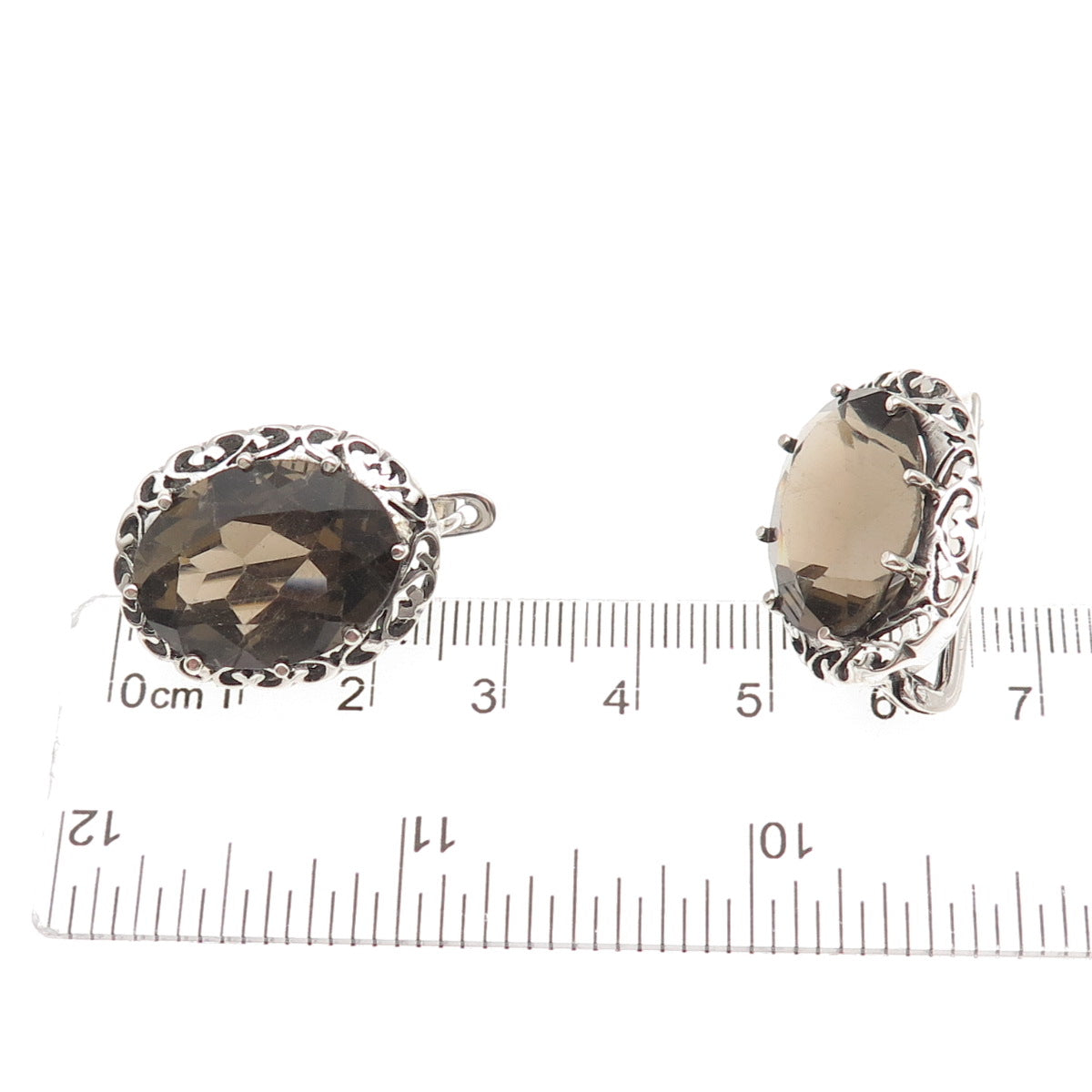 925 Sterling Silver Vintage Real Smoky Quartz Heart Ornate Oxidized Earrings
