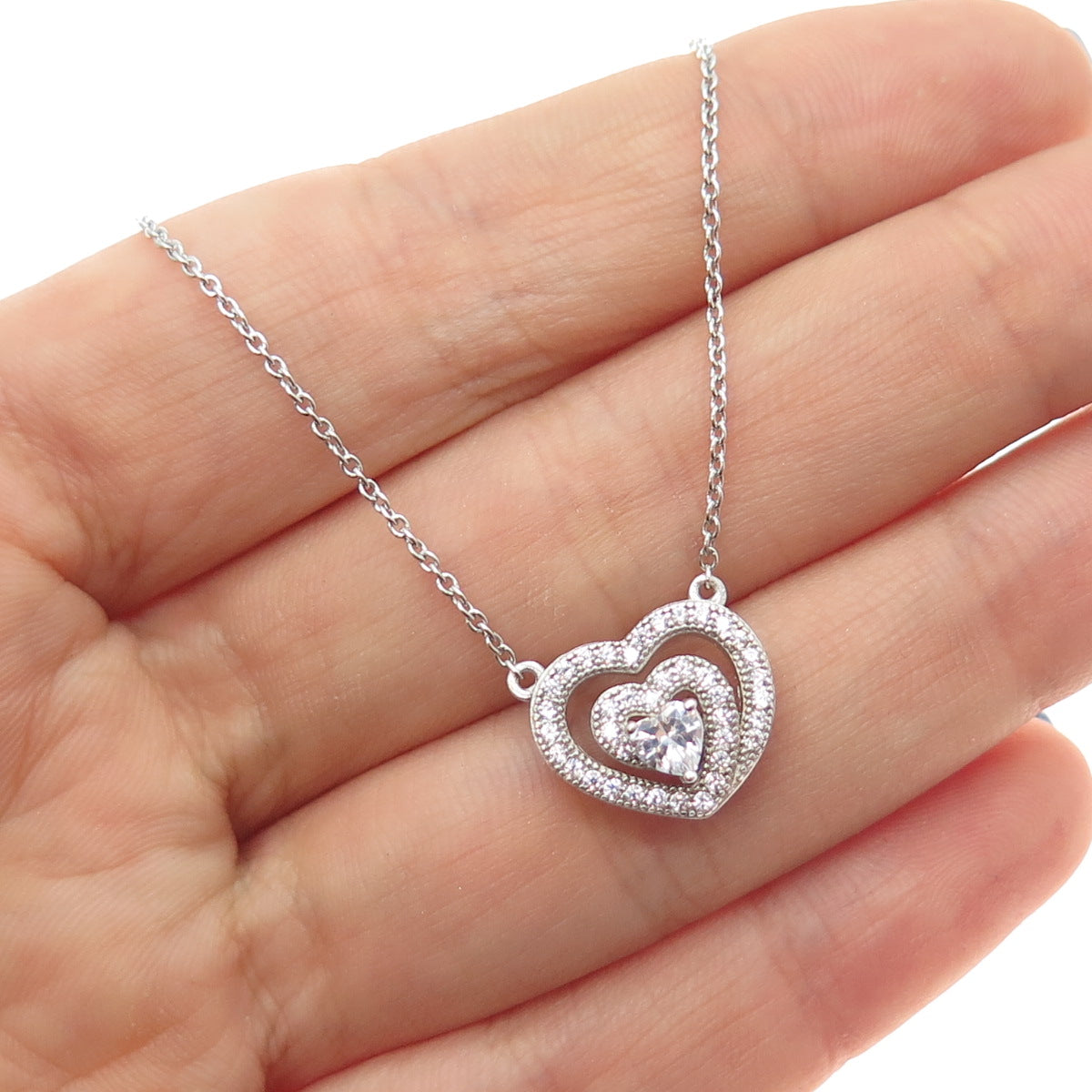 925 Sterling Silver Heart & Round-Cut C Z Cable Chain Necklace 18"