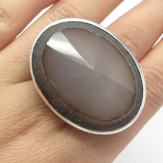 925 Sterling Silver Vintage Real Agate Gem Massive Adjustable Ring Size 8.75
