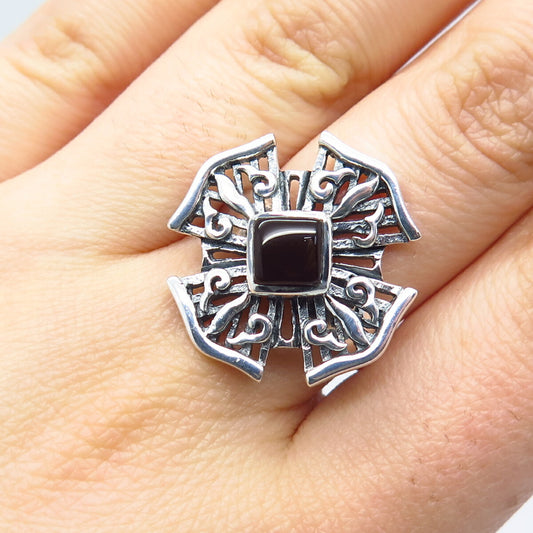 925 Sterling Silver Vintage Real Carnelian Gemstone Ornate Cross Ring Size 8