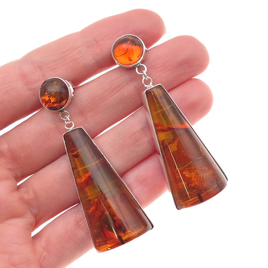 925 Sterling Silver Vintage Real Amber Modernist Dangle Earrings