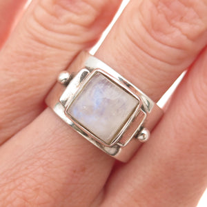 925 Sterling Silver Vintage Real Moonstone Modernist Oxidized Ring Size 9.25