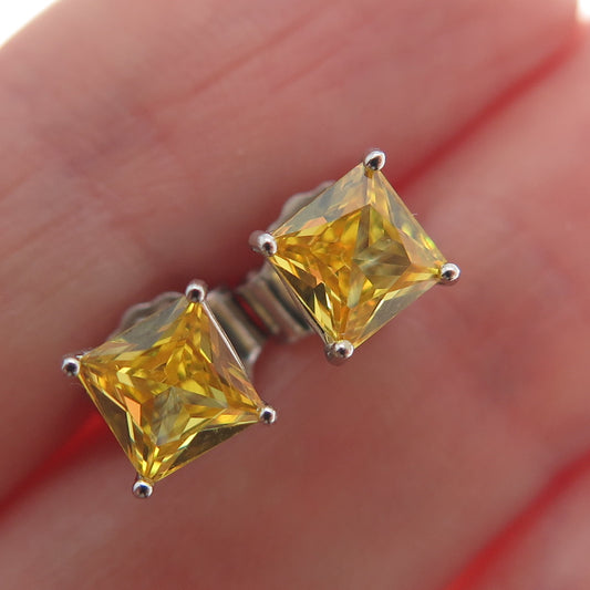 925 Sterling Silver Princess-Cut Canary C Z Stud Earrings