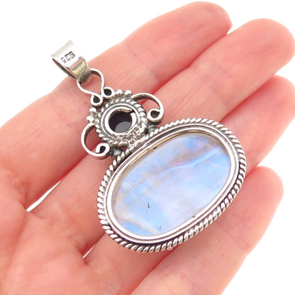 925 Sterling Silver Vintage Real Moonstone & Iolite Feather Large 22.4g Pendant