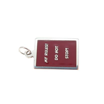 925 Sterling Silver Red Enamel My Rules! Do Not Stop! Minimalist Charm Pendant