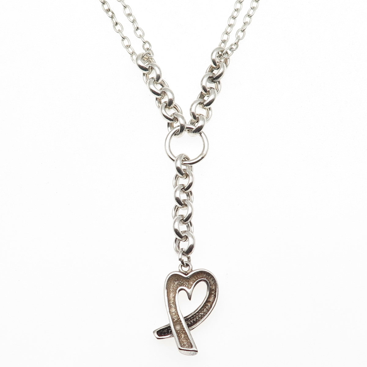 925 Sterling Silver Vintage Loving Heart Double Chain Necklace 16"