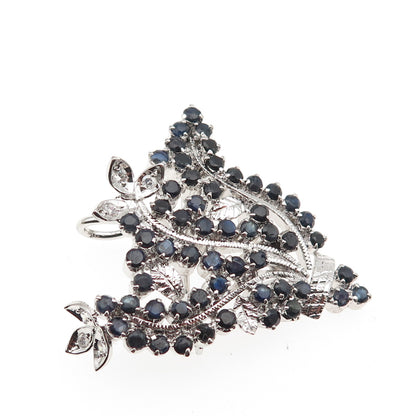 925 Sterling Silver Vintage Real Sapphire & C Z Floral Pin Brooch / Pendant