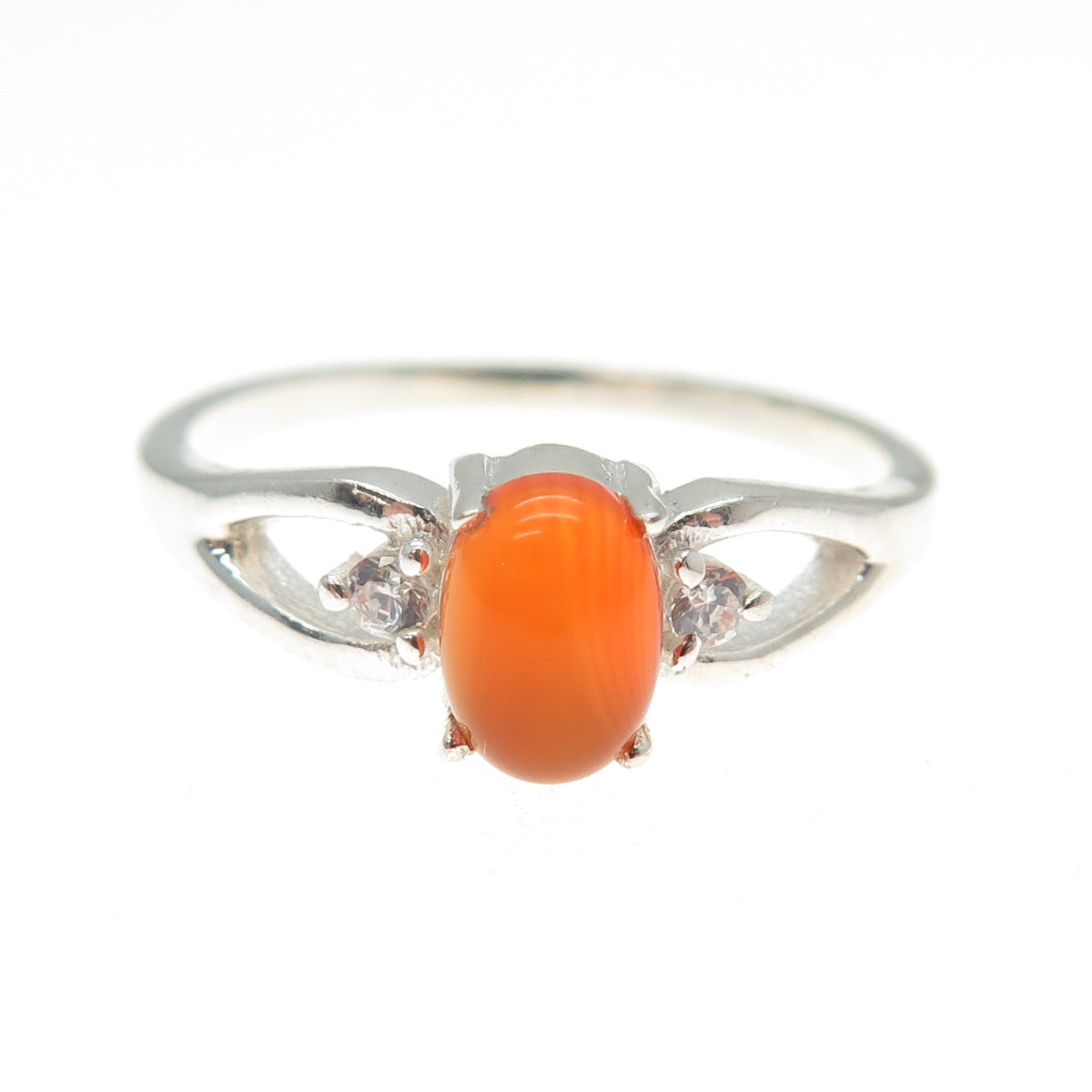 925 Sterling Silver Vintage Real Cabochon Agate & C Z Ring Size 9