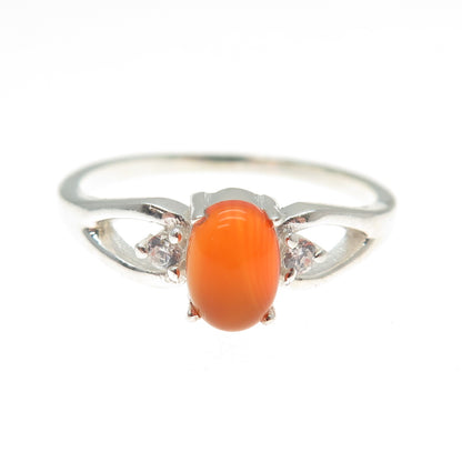 925 Sterling Silver Vintage Real Cabochon Agate & C Z Ring Size 9