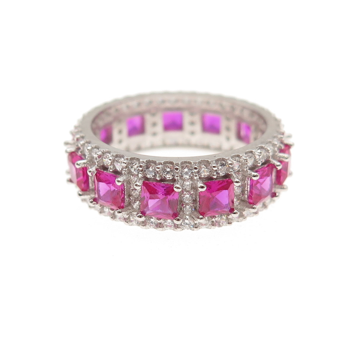 925 Sterling Silver Lab-Created Ruby & C Z Band Ring Size 5.25