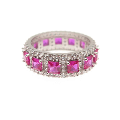 925 Sterling Silver Lab-Created Ruby & C Z Band Ring Size 5.25