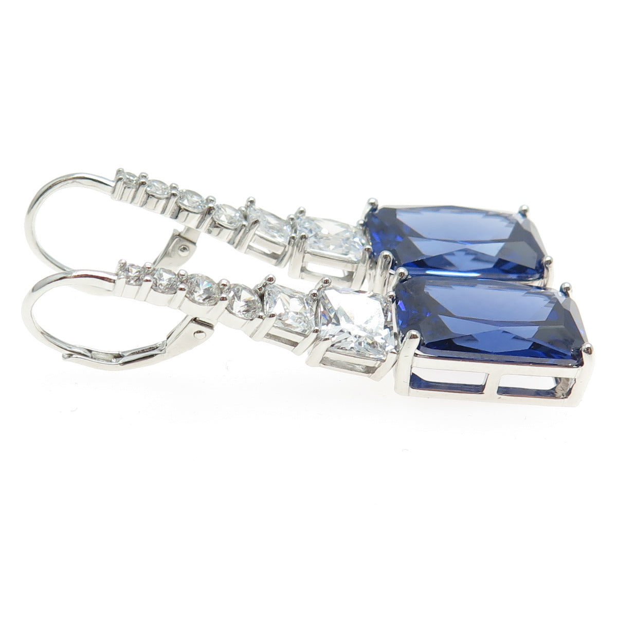 925 Sterling Silver Radiant & Princess-Cut Blue White C Z Graduated Earrings