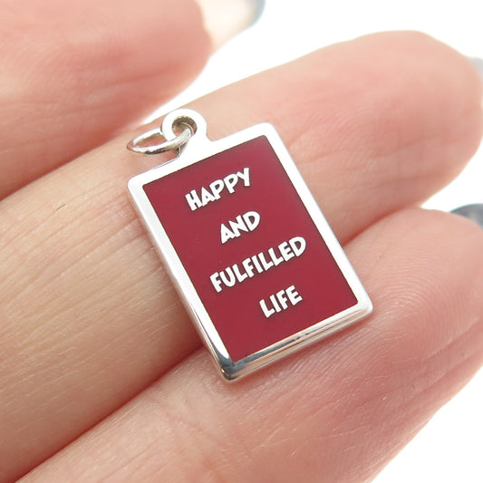 925 Sterling Silver Red Enamel "Happy & Fulfilled Life" Minimalist Charm Pendant