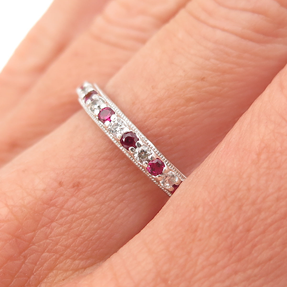 Tacori 925 Sterling Silver Lab-Created Ruby & C Z Eternity Band Ring Size 7.25
