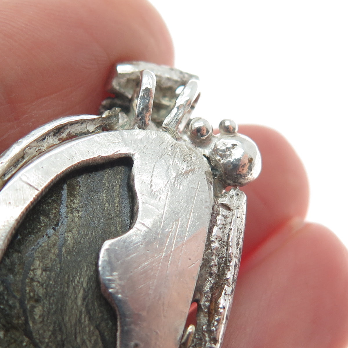 925 Sterling Silver Vintage Real Pyrite Agate Gem Modernist Slide Pendant