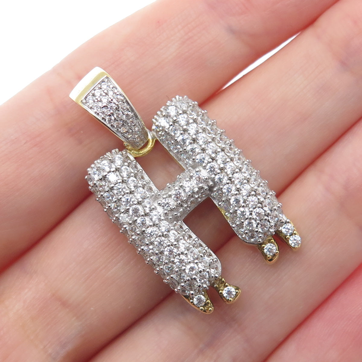 925 Sterling Silver Gold Plated Round-Cut Shaped C Z Letter H Sparkle Pendant