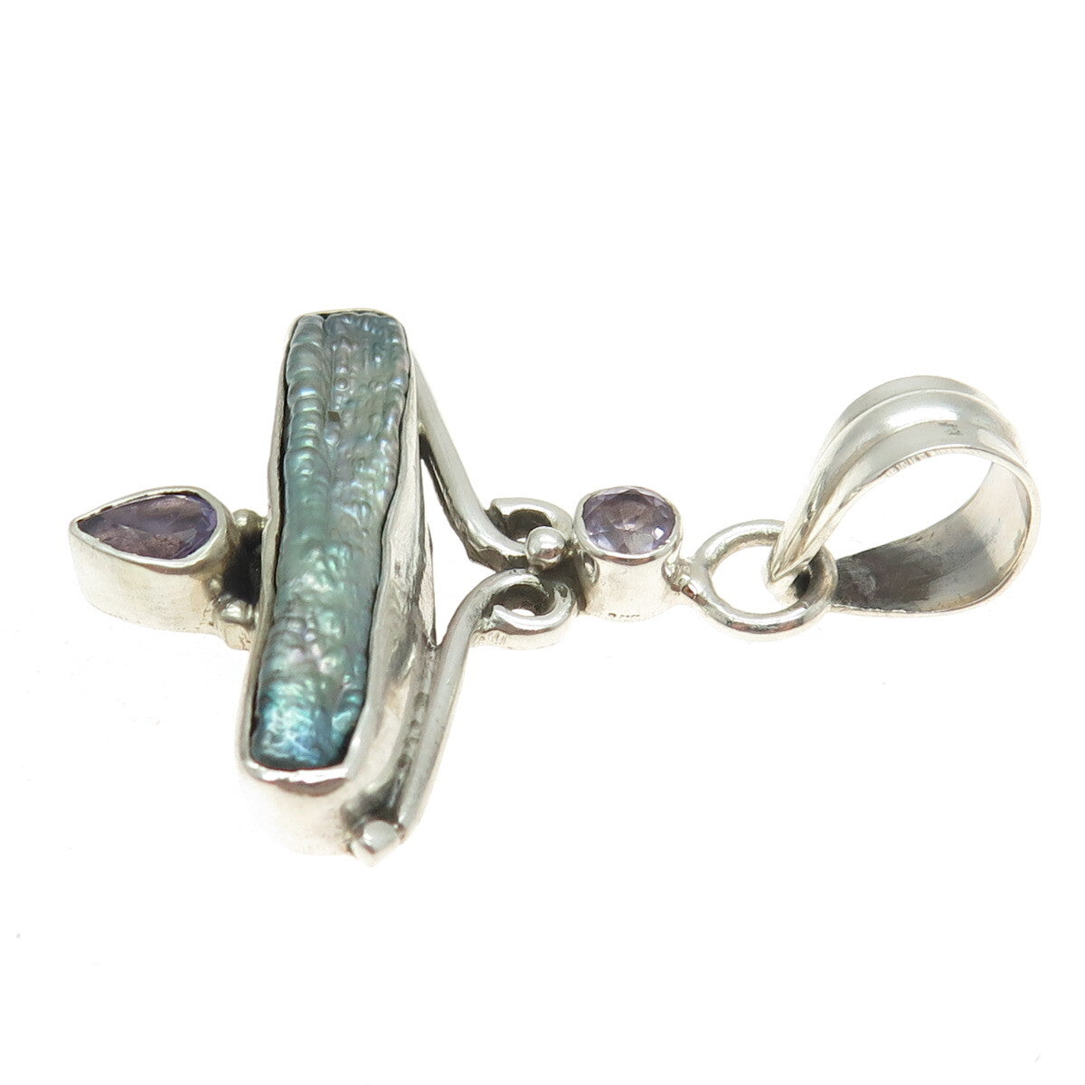 925 Sterling Silver Vintage Real Baroque Pearl & Amethyst Modernist Pendant