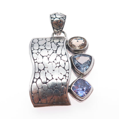 925 Sterling Silver Vintage Real Tanzanite Iolite Smoky Quartz Modernist Pendant