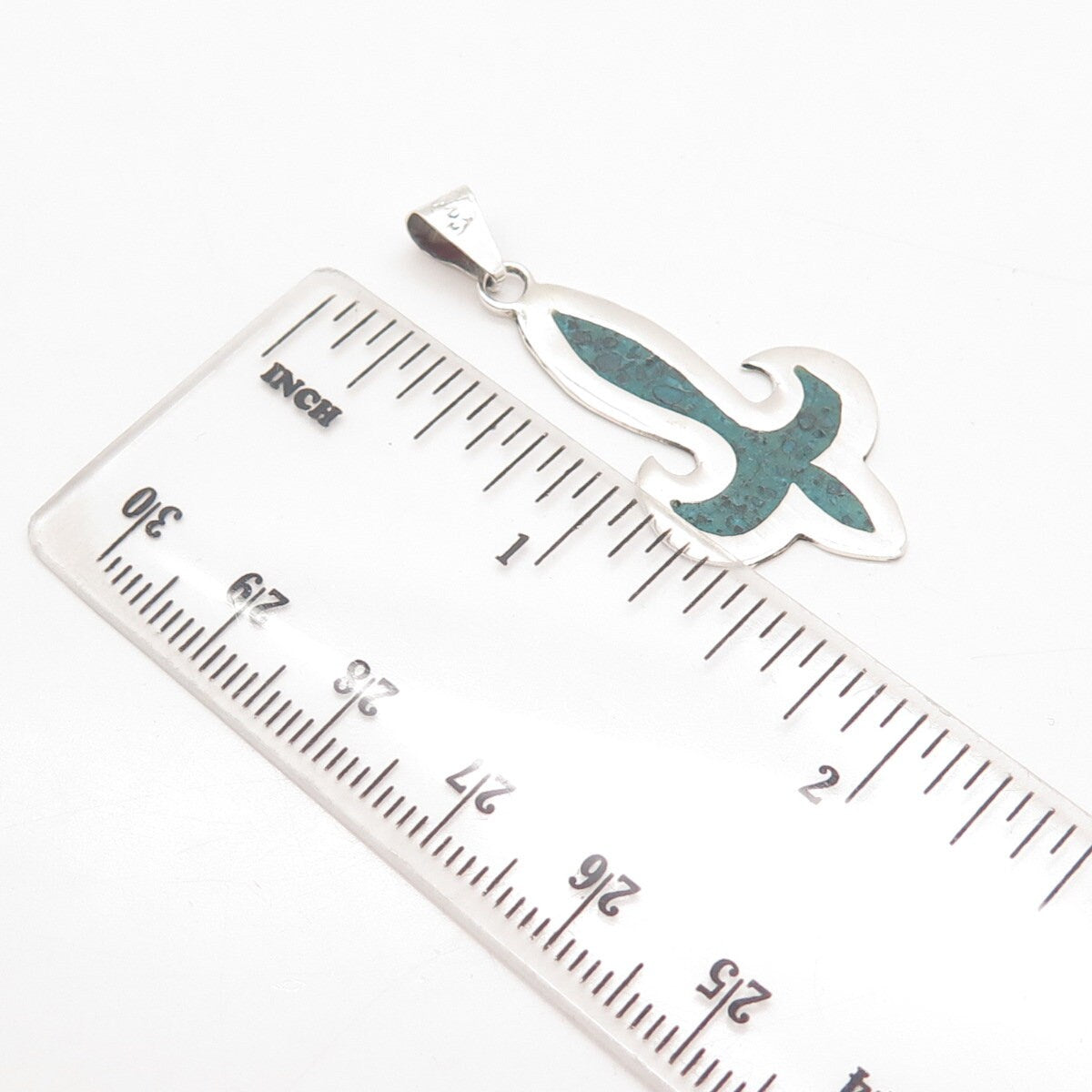 925 Sterling Silver Vintage Mexico Real Turquoise Gem Inlay Fleur-de-Lis Pendant