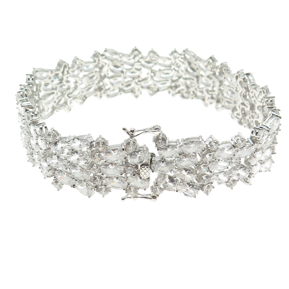 925 Sterling Silver Round & Oval-Cut C Z Cluster Link Bracelet 8"