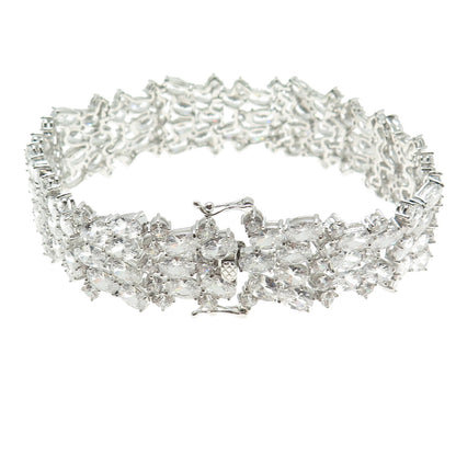 925 Sterling Silver Round & Oval-Cut C Z Cluster Link Bracelet 8"