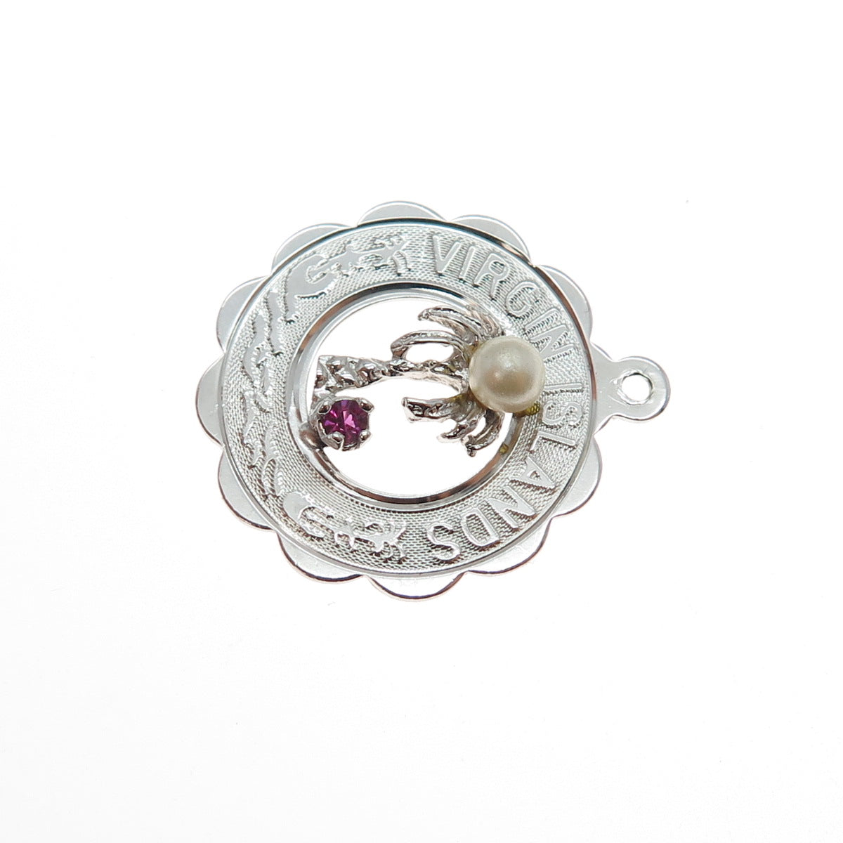CREA Sterling Silver Vintage Faux Pearl & Rhinestone Virgin Island Charm Pendant