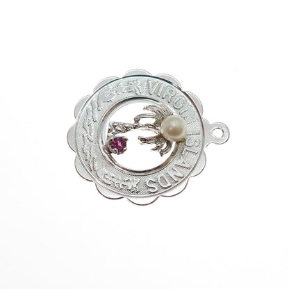 CREA Sterling Silver Vintage Faux Pearl & Rhinestone Virgin Island Charm Pendant