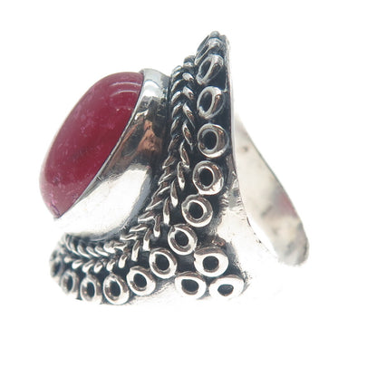 925 Sterling Silver Vintage Real Rhodonite Circle Link Oxidized Ring Size 9