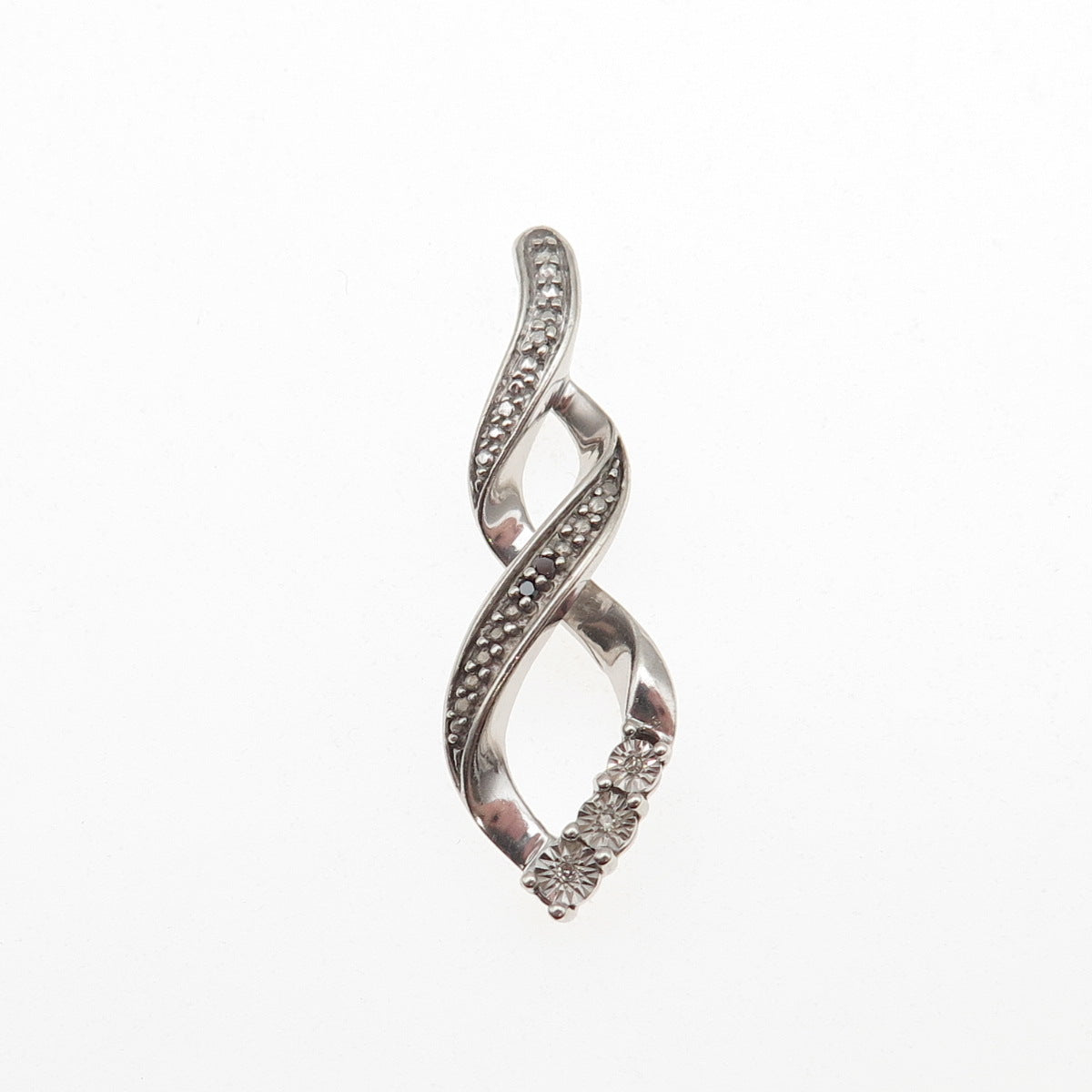 925 Sterling Silver Real Black & White Diamond Twisted Charm Pendant
