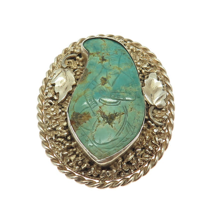 925 Sterling Silver Gold Plated Antique Carved Turquoise Lady Handmade Brooch