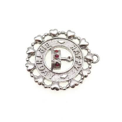 WELLS 925 Sterling Silver Vintage Rhinestone Happy Birthday Charm Pendant