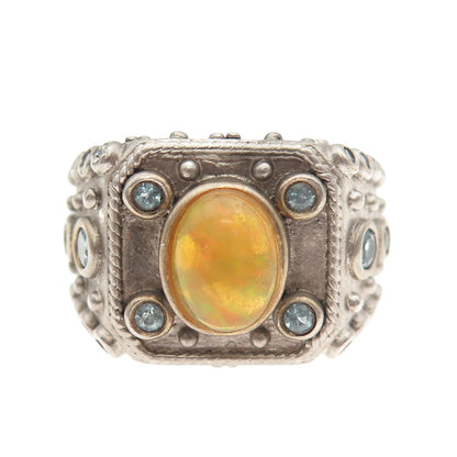 925 Sterling Silver Real Opal Blue Topaz & C Z Ring Size 9.25