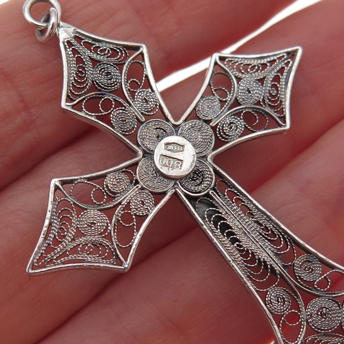 800 Silver Vintage Italy Crucifix Cross Filigree Oxidized Pendant