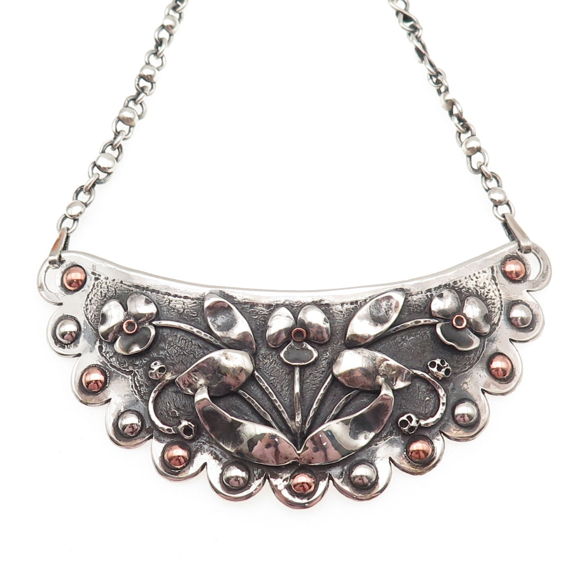 Paul Arviso Navajo Old Pawn Sterling Silver 2-Tone Vintage Floral Necklace 14"