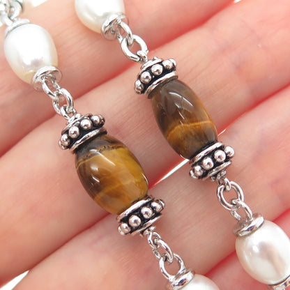 925 Sterling Silver Real Pearl & Tiger Eye Beaded Chain Necklace 16"