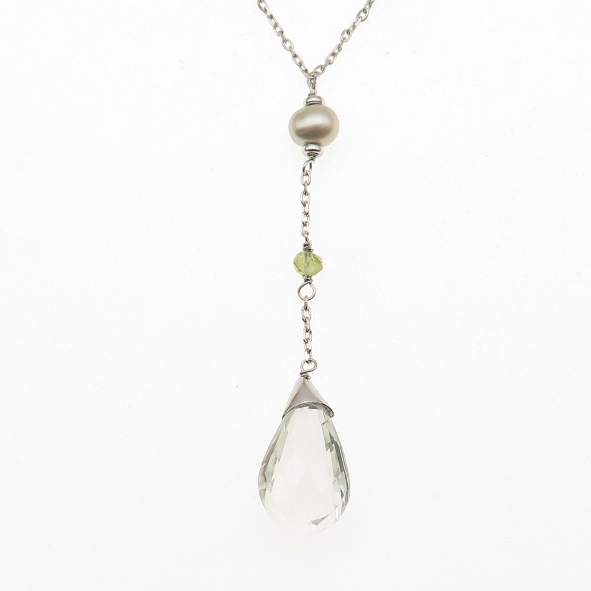925 Sterling Silver Real Green Amethyst Peridot & Pearl Chain Necklace 16-18"
