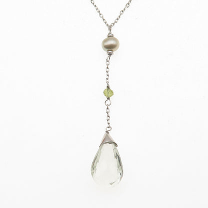 925 Sterling Silver Real Green Amethyst Peridot & Pearl Chain Necklace 16-18"