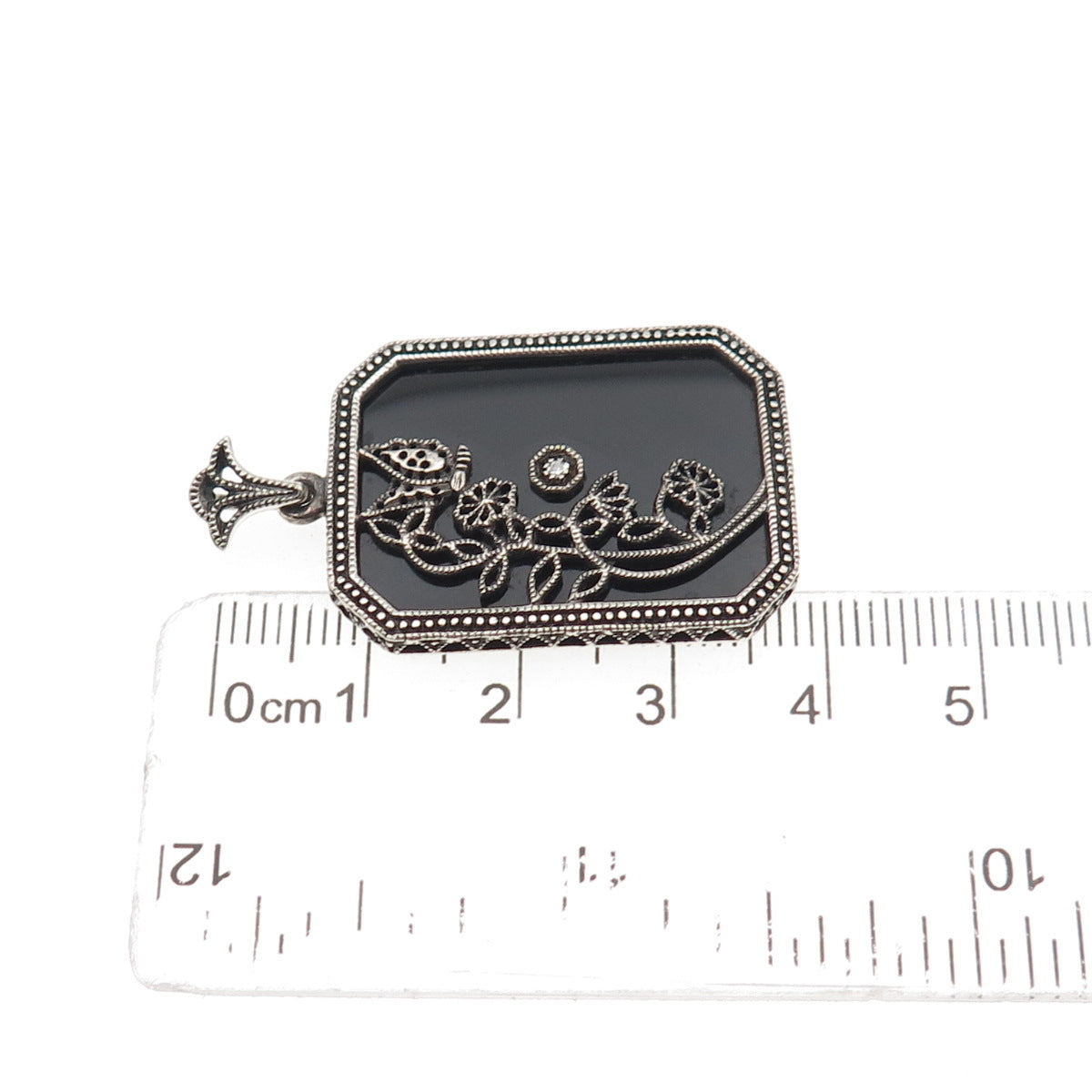 925 Sterling Silver Vintage Real Diamond & Black Onyx Floral Oxidized Pendant