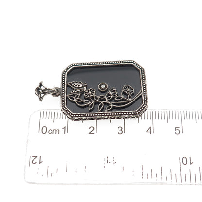 925 Sterling Silver Vintage Real Diamond & Black Onyx Floral Oxidized Pendant