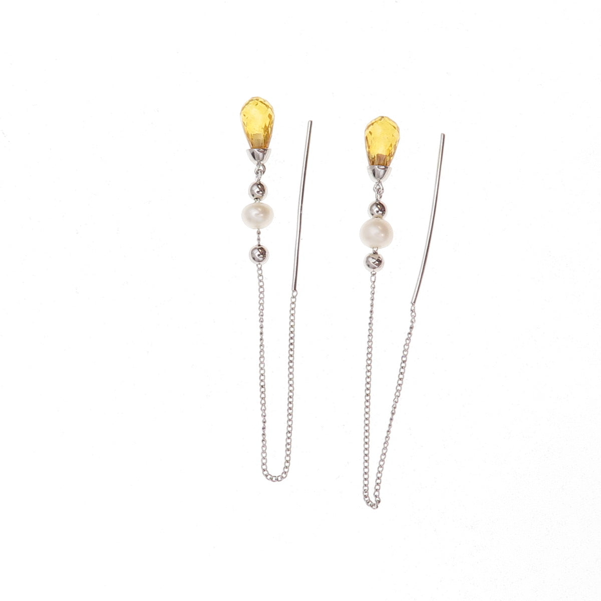 925 Sterling Silver Vintage Real Pearl & Citrine Chain Drop Dangle Earrings