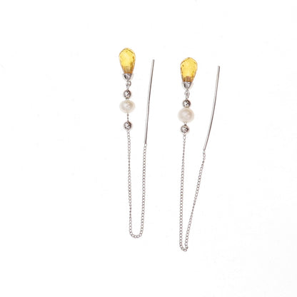 925 Sterling Silver Vintage Real Pearl & Citrine Chain Drop Dangle Earrings