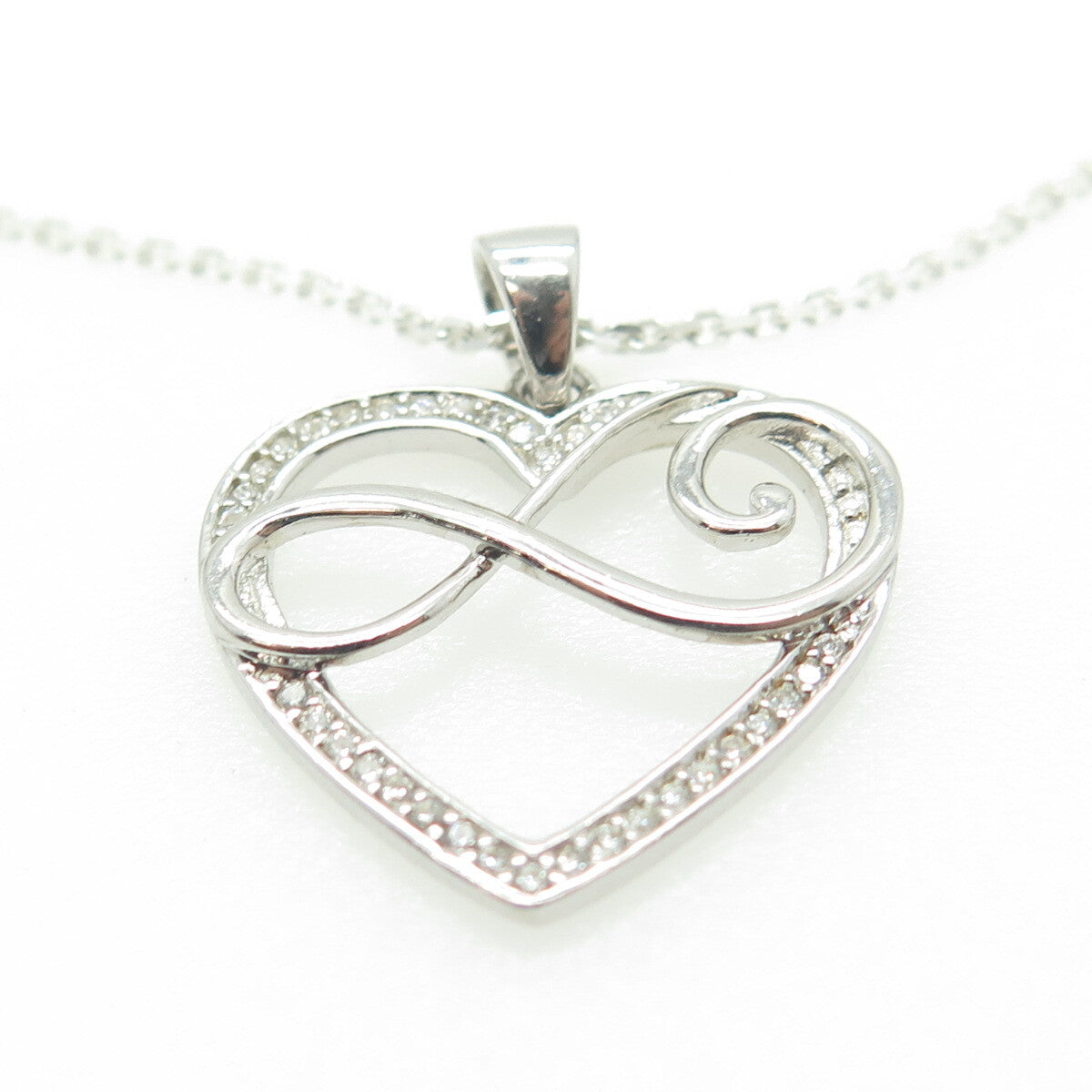 HAN 925 Sterling Silver Italy White C Z Infinity Heart Cable Chain Necklace 16"