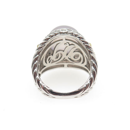 925 Sterling Silver 2-Tone Real Moonstone & White Topaz Ring Size 6