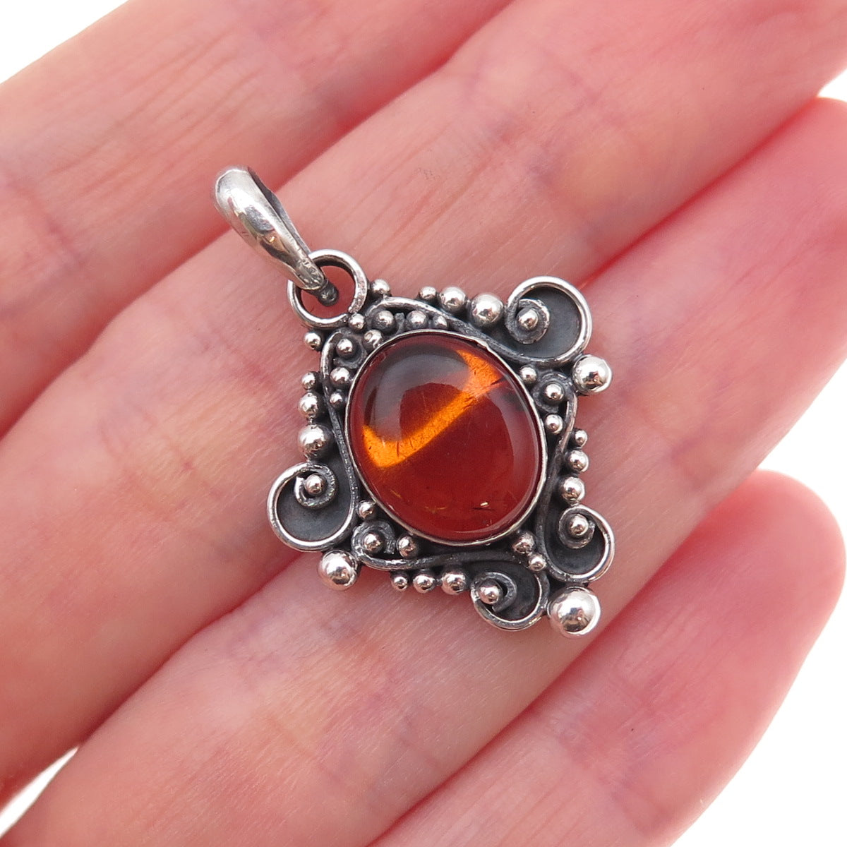 925 Sterling Silver Vintage Real Amber Beaded Oxidized Charm Pendant