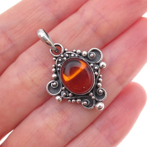 925 Sterling Silver Vintage Real Amber Beaded Oxidized Charm Pendant