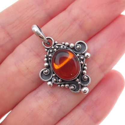 925 Sterling Silver Vintage Real Amber Beaded Oxidized Charm Pendant
