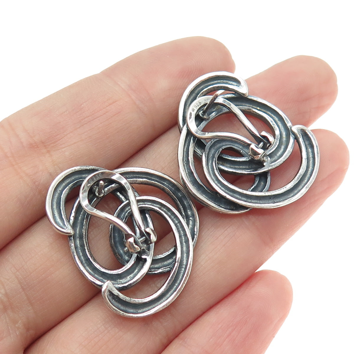 925 Sterling Silver Vintage Modernist Swirl Oxidized Omega Back Earrings