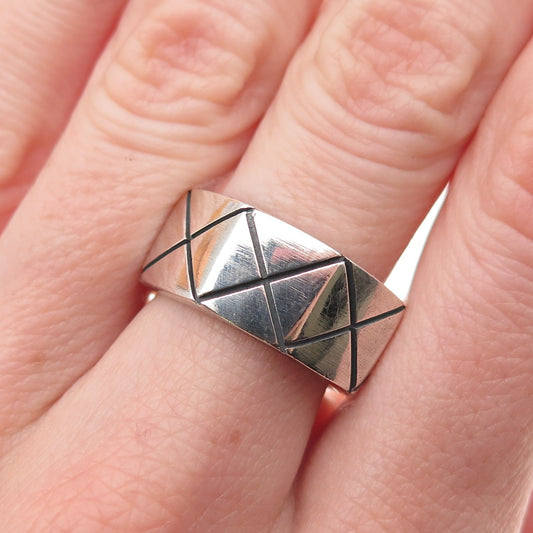 925 Sterling Silver Vintage Mexico X-Shape Oxidized Band Ring Size 7.5