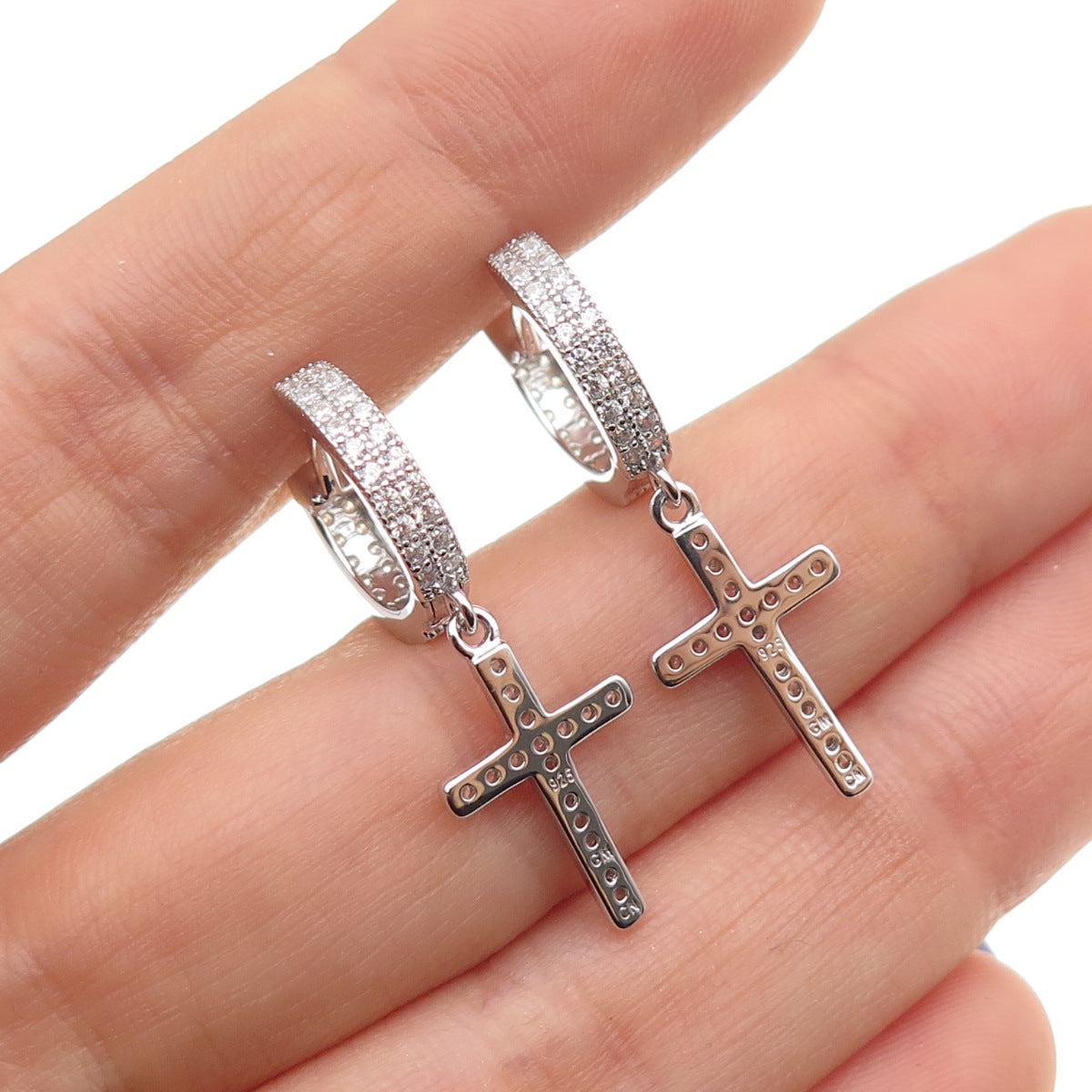 925 Sterling Silver Round-Cut C Z Cross Dangle Hoop Earrings